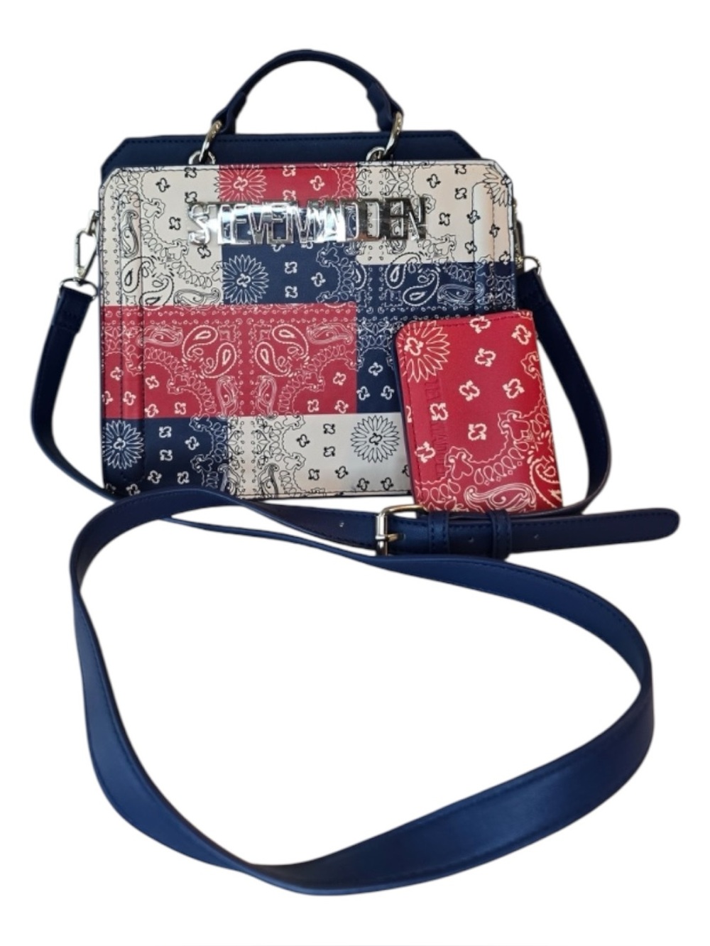 Steve Madden. NWT Patchwork Bandana Print Crossbody Bag - Navy, Red & White